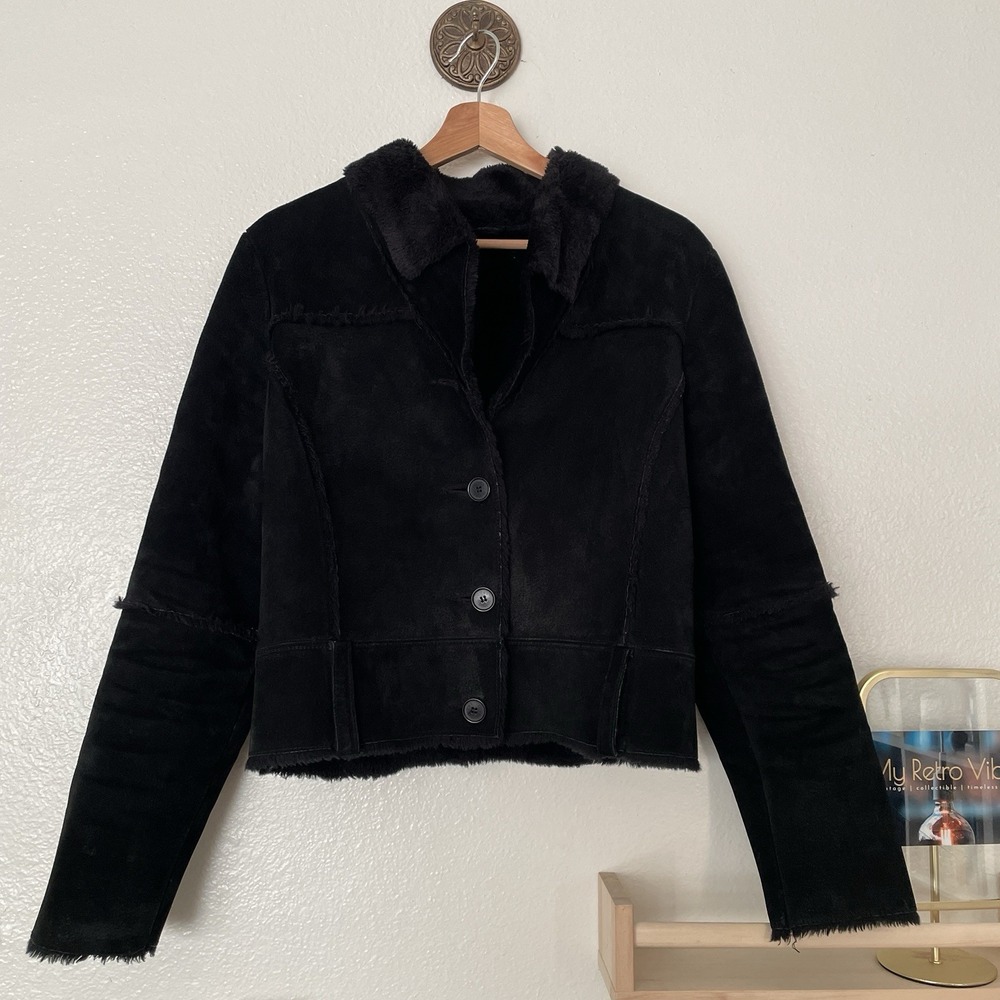 Vintage H&M Women's Genuine Leather Suede Faux Shearling Coat Jacket Black‎